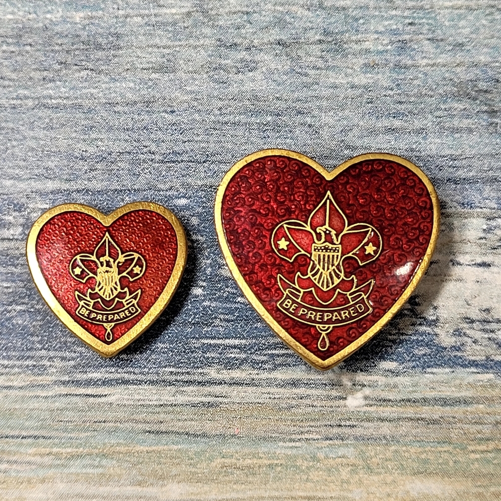 Vintage Boy Scouts Be Prepared Red Heart-Shaped Brooch Set of 2.